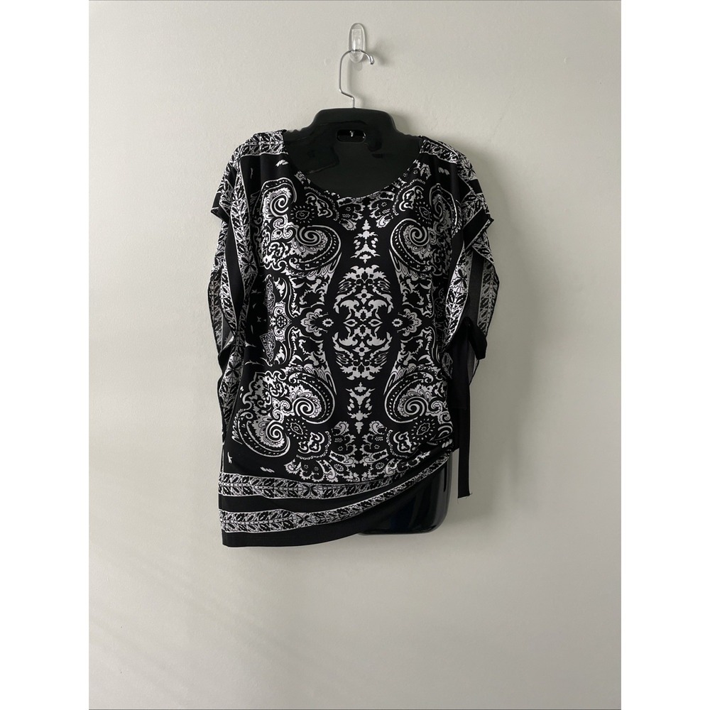 Wrapper XS Black White Paisley Print Dolman Sleeve Stretch Blouse Top